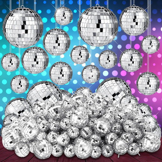 Funtery 100 Pcs Mirror Disco Balls Bulk Assorted Silver Hanging Disco Ball Decor for Home Wedding Birthday Dance Music 70 S Theme Party Christmas Tree Ornaments(1.2'',1.6'',2'',2.4'',4'')