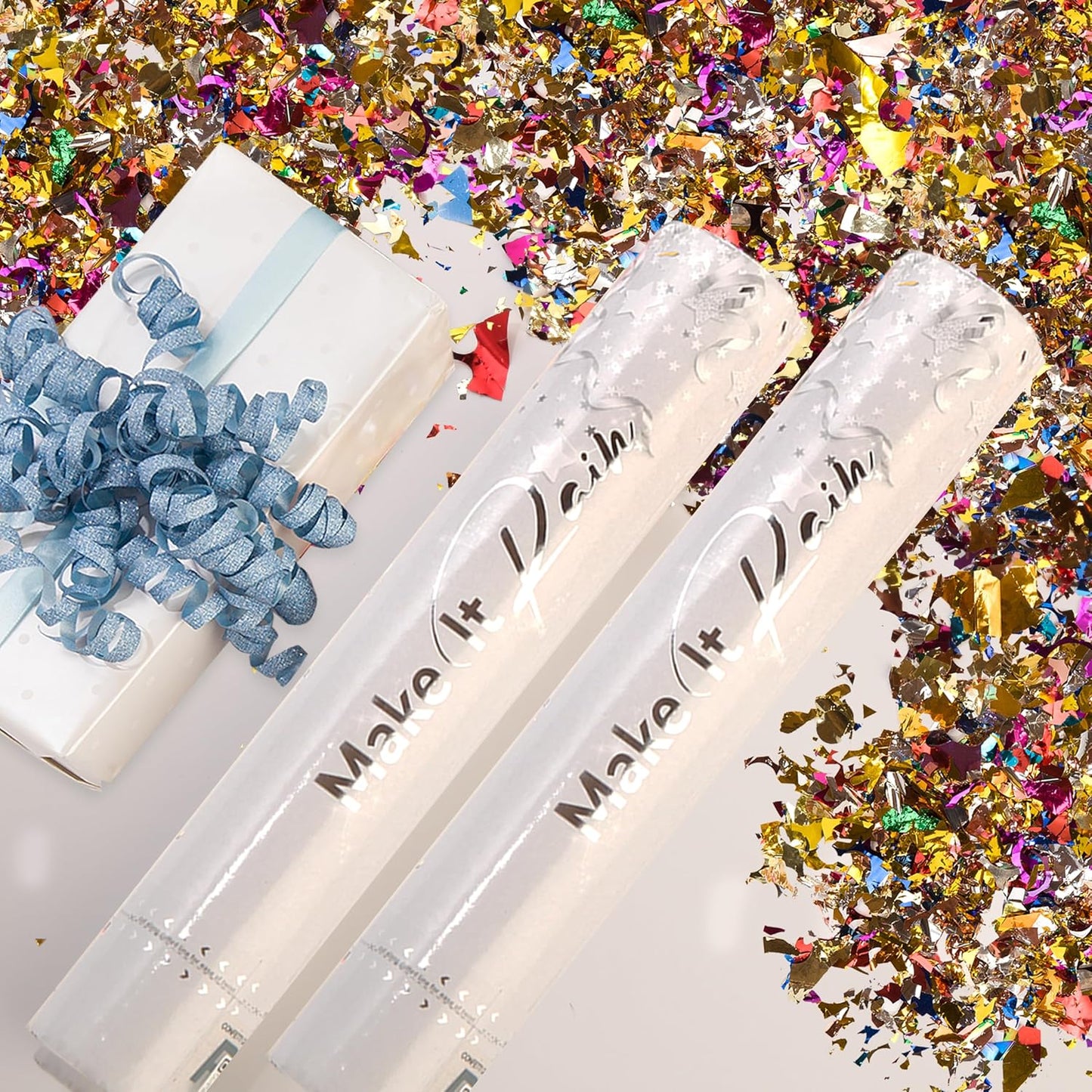 PrimePure Confetti Cannon Party Poppers - Metallic Foil Multicolor Confetti Poppers - 2 Pack - Easy-to-Use Party Cannon - Glitter Bomb Sparkle Pop Gun for Graduation, Birthday, Celebration, Prank