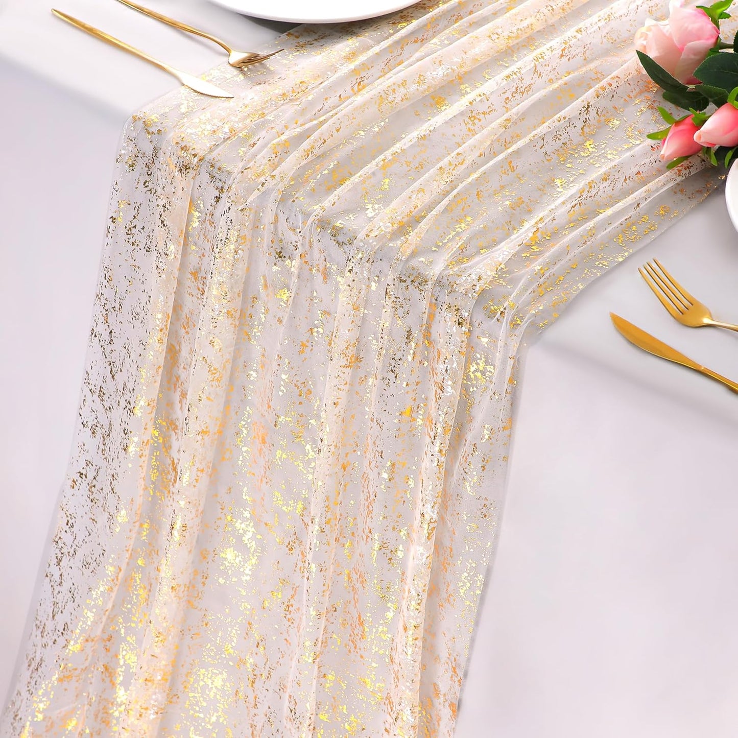 Snowkingdom 10 Ft Gold Table Runner, Sheer Chiffon Tulle Cheesecloth Golden Sequin Glitter Metallic Foil, Gold Party Table Decorations Centerpiece for Wedding Birthday Christmas Bridal Baby Shower