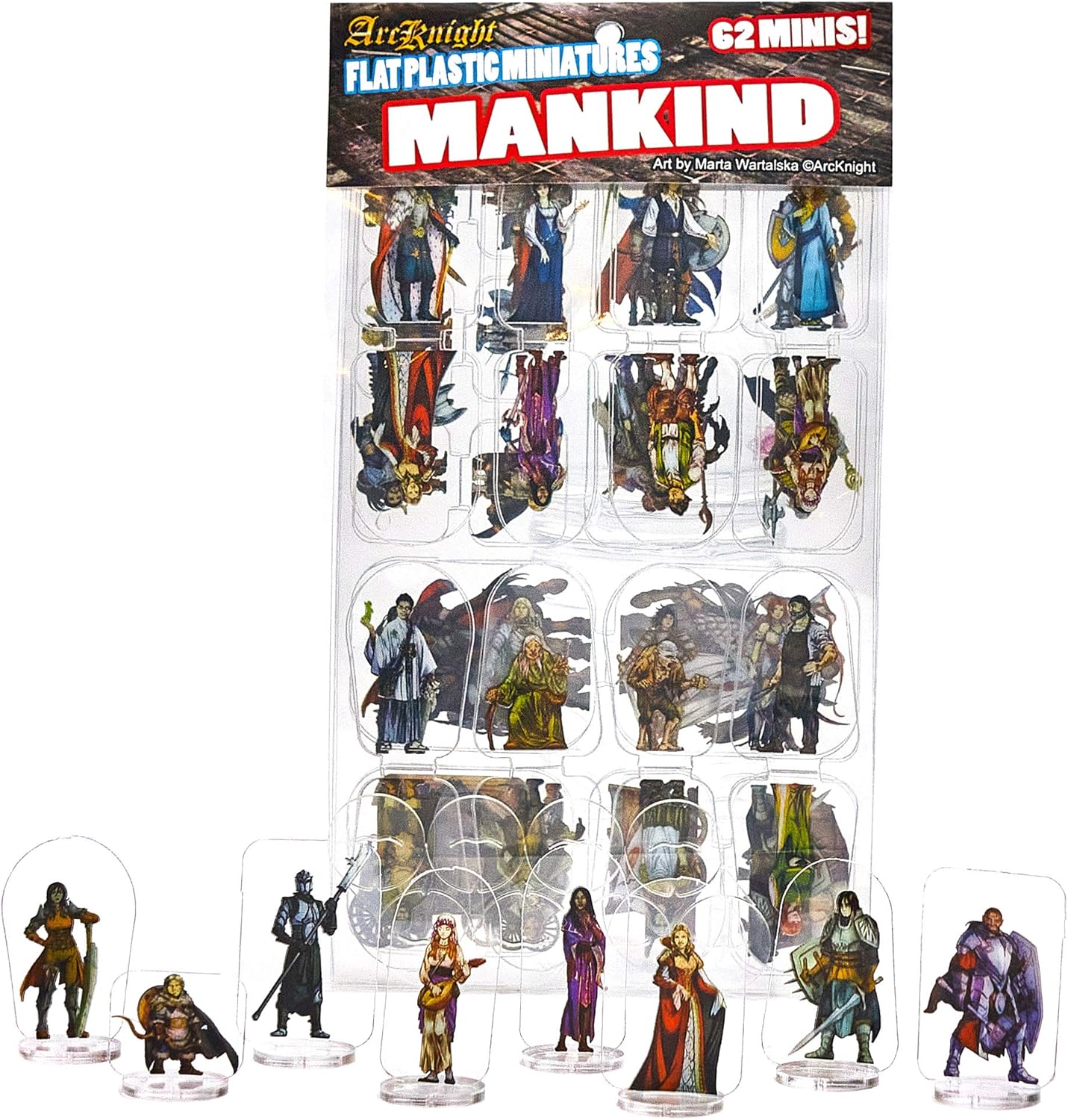 Arcknight Flat Plastic Miniatures: Mankind; 62 Unique Human-Themed Minis for DND 5e and Pathfinder; Affordable, Skinny Figurines for Dungeons and Dragons and Other Tabletop RPG Games