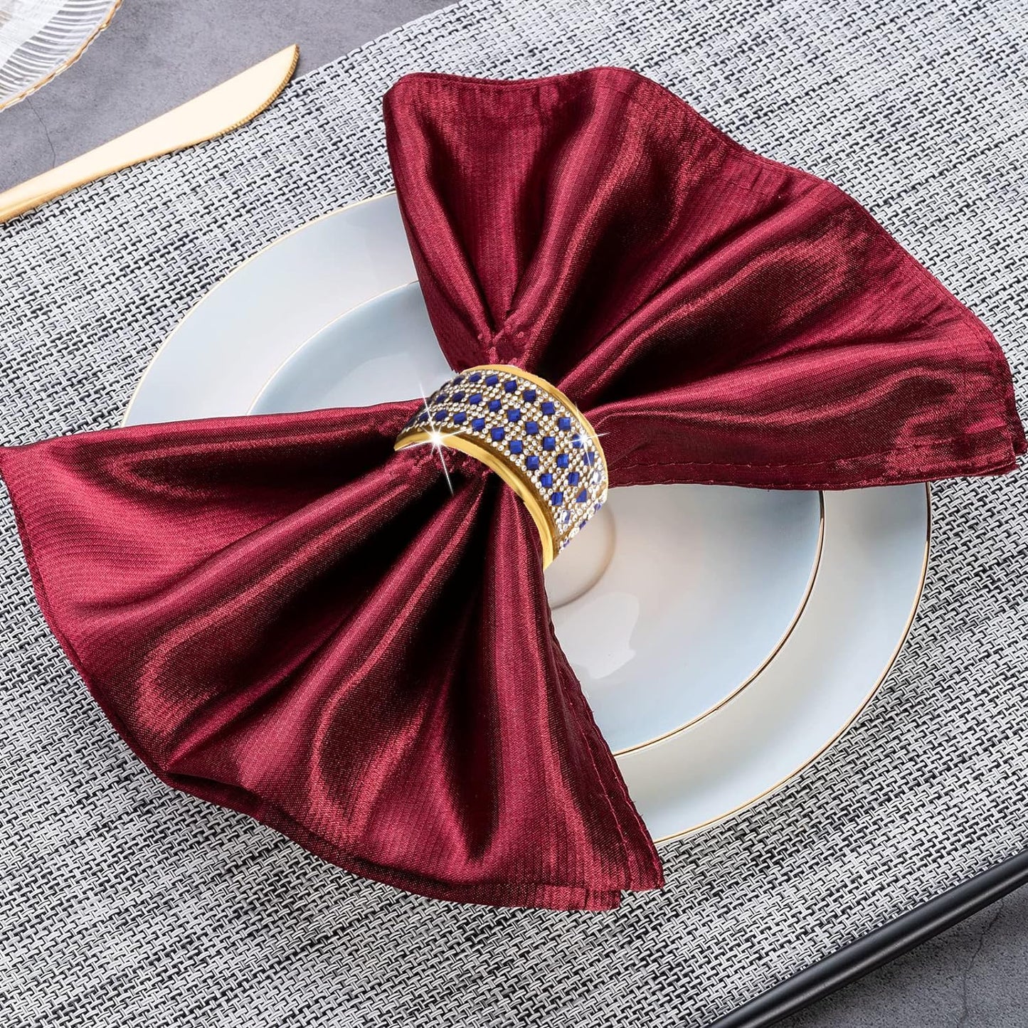 Rhinestone Napkin Ring Gold Napkin Rings Stainless Steel Blue Crystal Napkin Holder Set of 12 for Dinner, Wedding, Party, Holiday, Banquet,Everyday Table Setting Home Decor