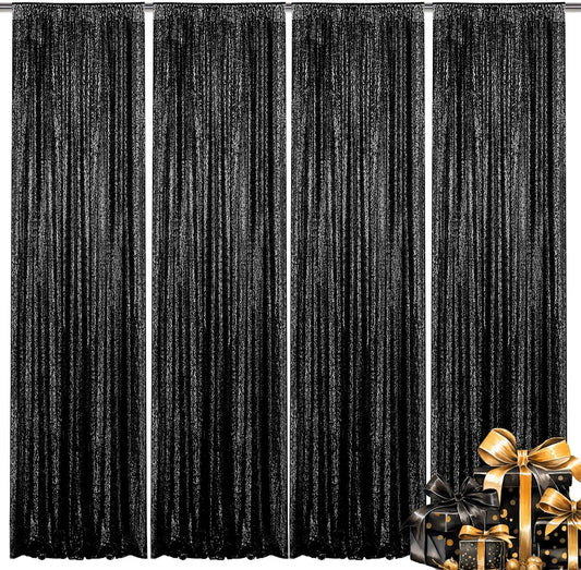 Black Sequin Backdrop Curtain 4 Pieces 2FTx8FT Glitter Photography Backdrop for Party Wedding Birthday Christmas Decorations