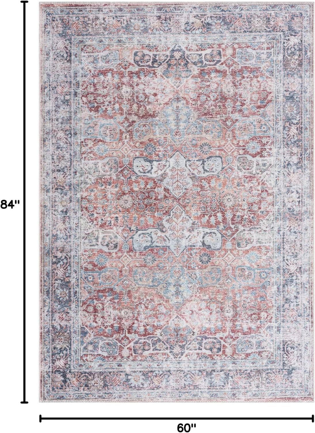 Bloom Rugs Caria Washable Non-Slip 5x7 Rug - Brick/Dark Blue Traditional Area Rug for Living Room, Bedroom, Dining Room, and Kitchen - Exact Size: 5' x 7'