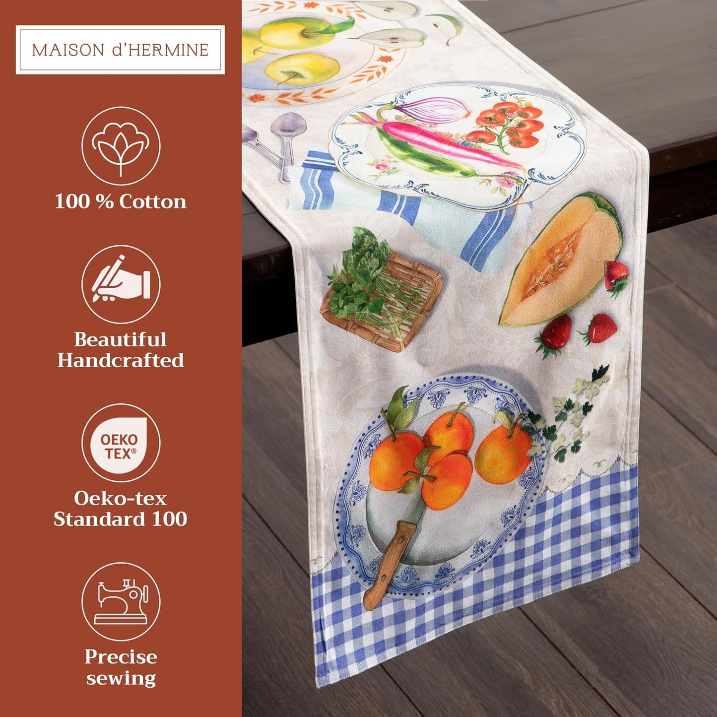 Maison d' Hermine Table Runner 100% Cotton Double Layer Table Runners 72 inches Long Decorative for Home Kitchen Dining Party Baby Shower Wedding Bridal Shower Spring Summer (Gourmand, 14.50" x 72")