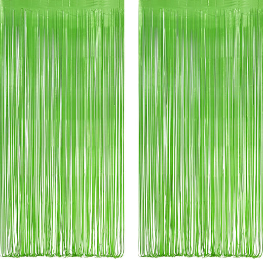 Lime Green Streamers Party Backdrop - GREATRIL Tinsel Curtain for St Patrick's Day/Frog/Wizard - 3.2ft X 8.2ft - 2 Packs