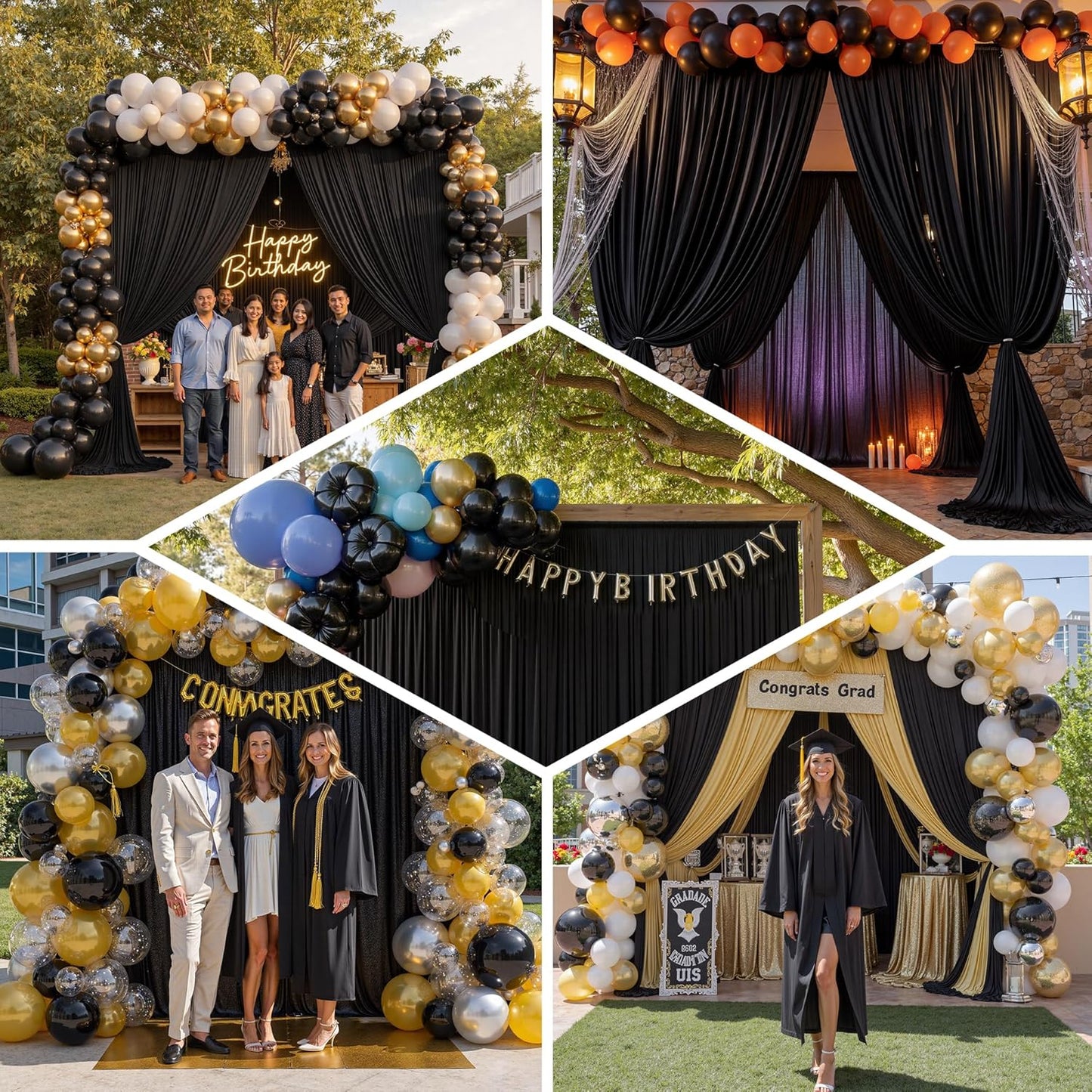 PartyVillage 30ft×15ft Black Backdrop Curtain for Halloween Parties, 6 Panels Wrinkle Free 15 FT Long Polyester Photo Backdrop Drapes Back Drop Cloth for Birthday Photography Background