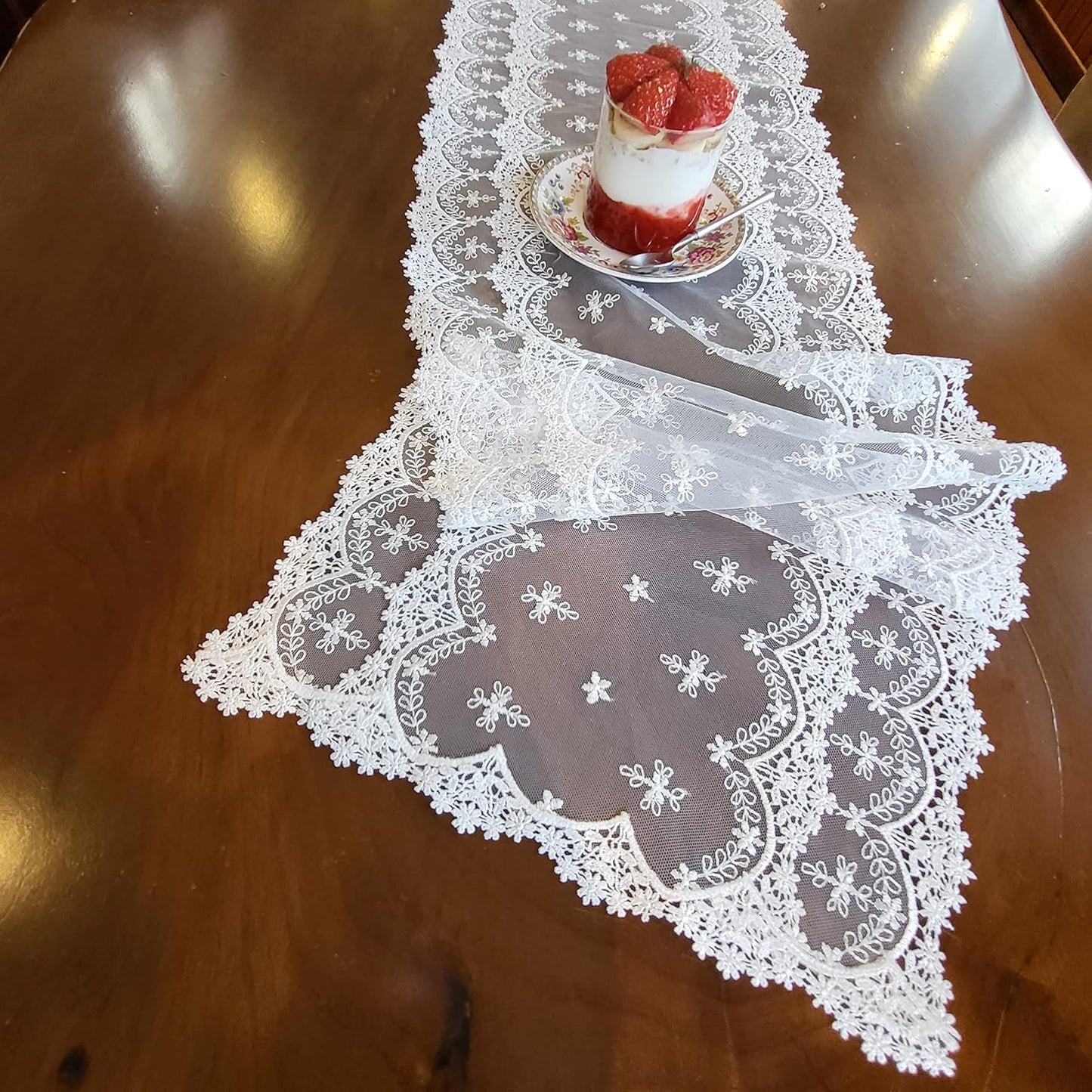 Inicia Table Lace Runner 12×86 inch Embroidered for Holiday Wedding Picnic Daily Dinner Tables White Decor (Polyester, 12"×86" (31cm×220cm))