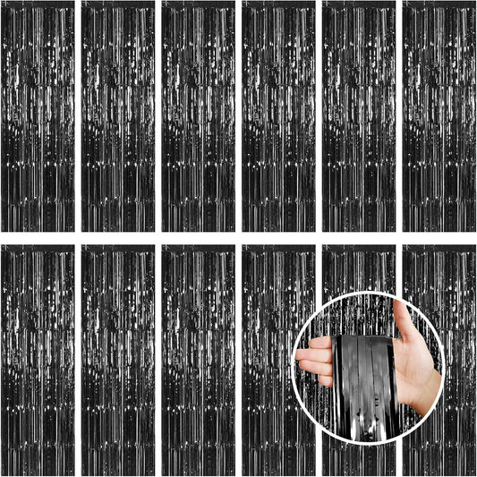 Black Fringe Curtain Party Streamers, 12 Pack 3.3ft x 8.2ft Foil Curtain Backdrop Tinsel Foil Fringe Curtains Photo Booth Backdrop Streamer for Birthday, Wedding, Baby Shower, Disco Party