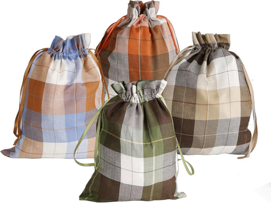 Large Fall Burlap Bags with Drawstrings - Orange Buffalo Plaid & Sage Green Gingham Sacks - Reusable Brown Pouch for Thanksgiving Party Gift Wrapping Goodies (4 Colors, 12x16 inch)