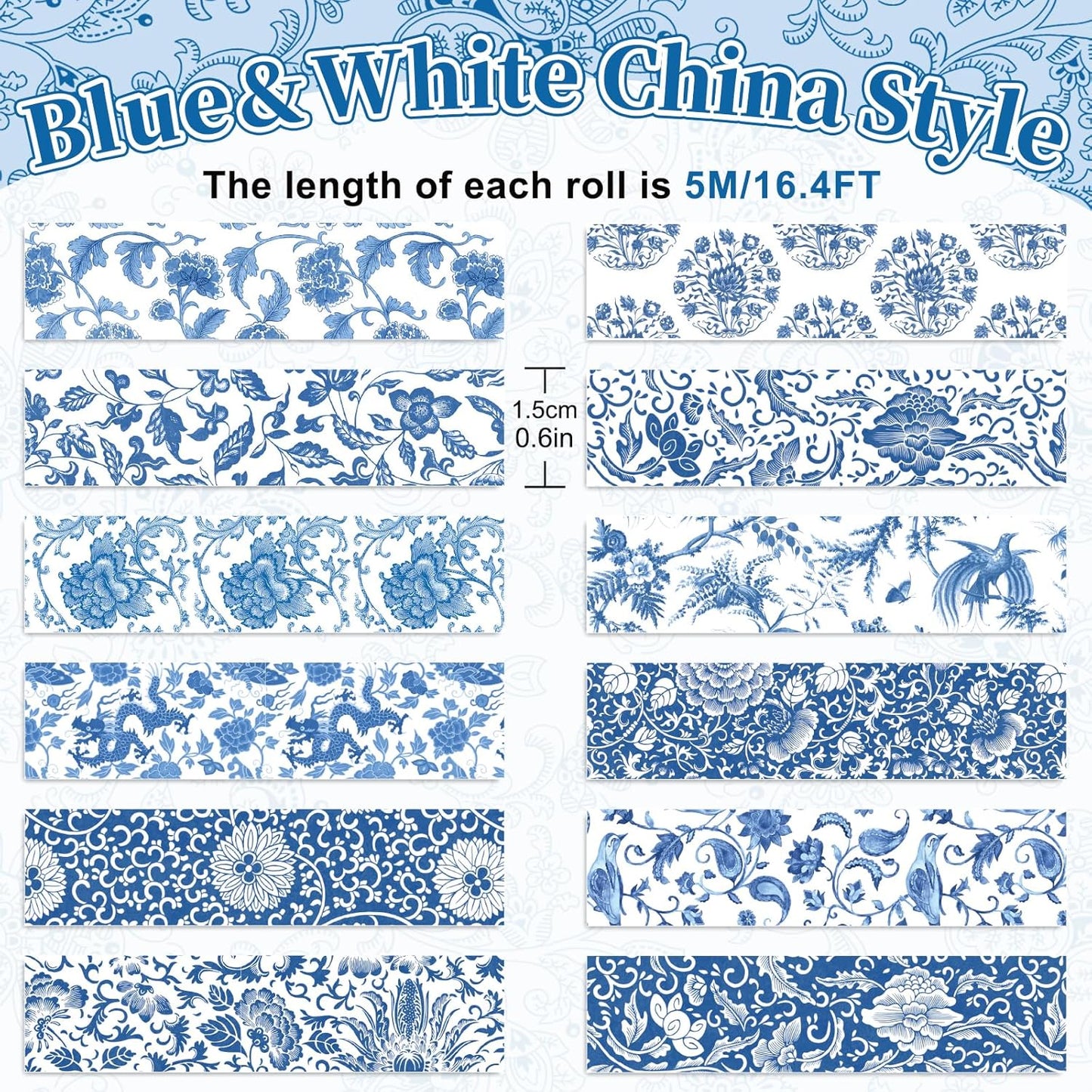 Whaline 12 Rolls Blue Floral Washi Tape Chinoiserie Flower Washi Tape Vintage Masking Decorative Gift Wrapping Paper Tape for DIY Craft Scrapbook Envelope Party Favor Supplies