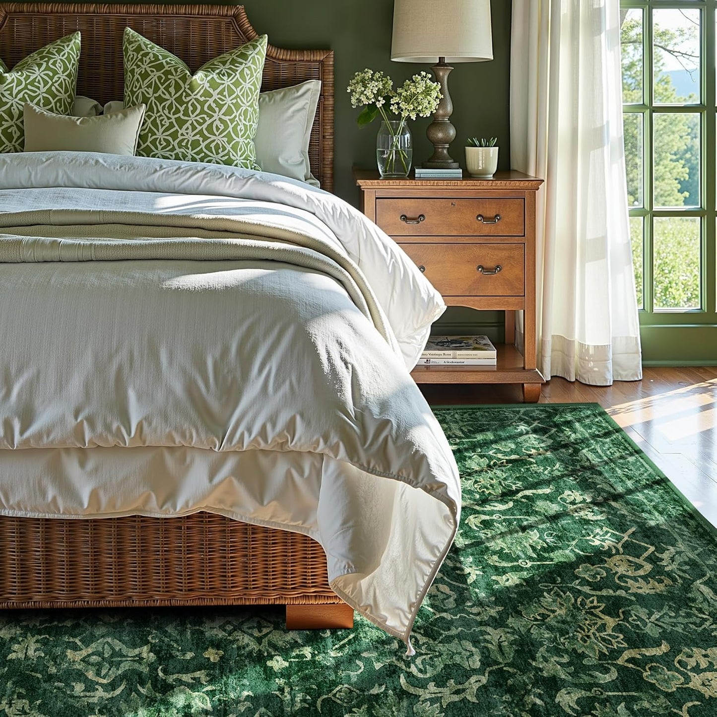 Dark Green Area Rugs 6x9 for Living Room, Washable Vintage Rugs for Bedroom, Distressed Throw Rug, Non Slip Rug Carpet for Bedroom Dining