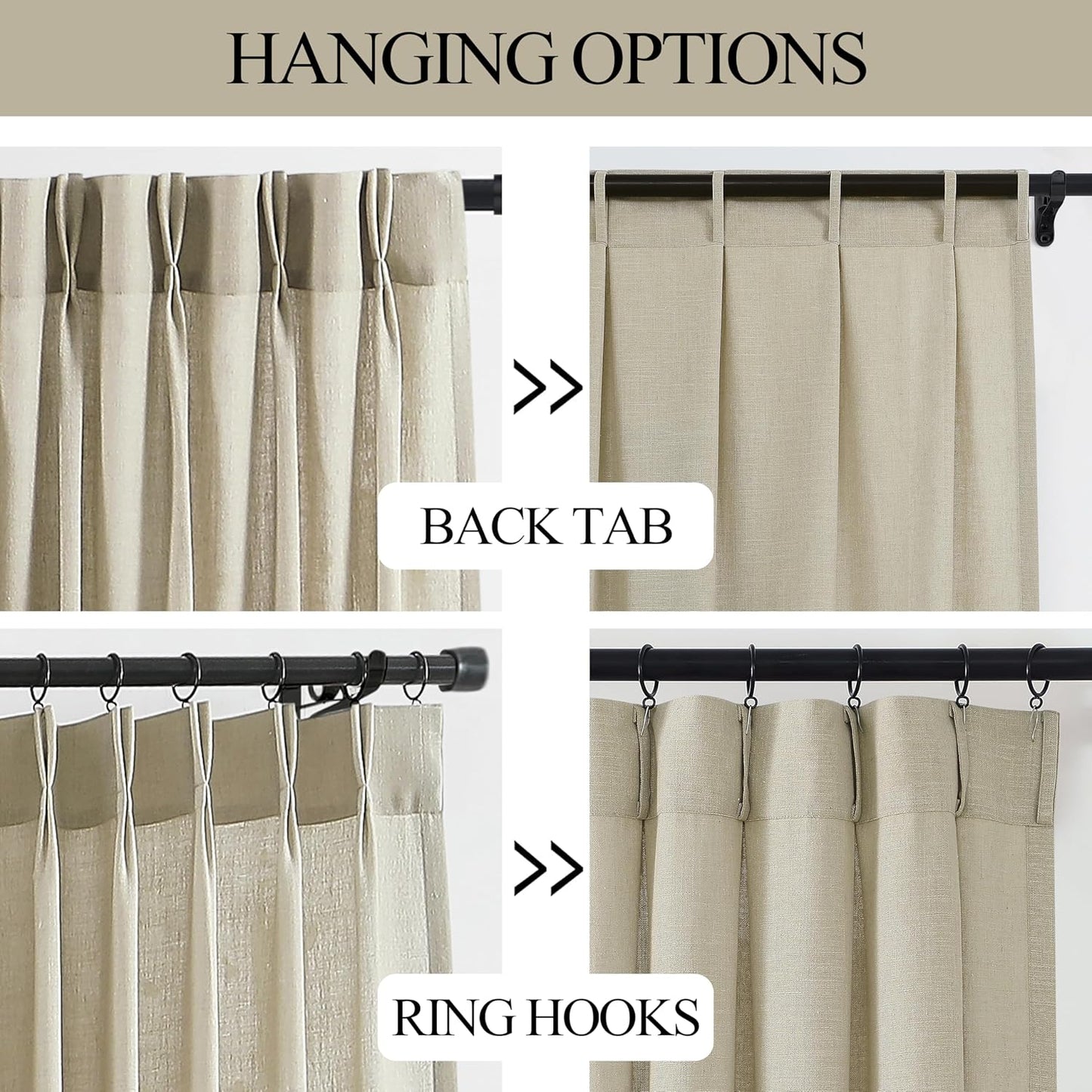 Vision Home Sand Pinch Pleated Semi Sheer Curtains Textured Linen Blended Light Filtering Window Curtains 95 inch for Living Room Bedroom Pinch Pleat Drapes with Hooks 2 Panels 40" Wx95 L,Camel Beige