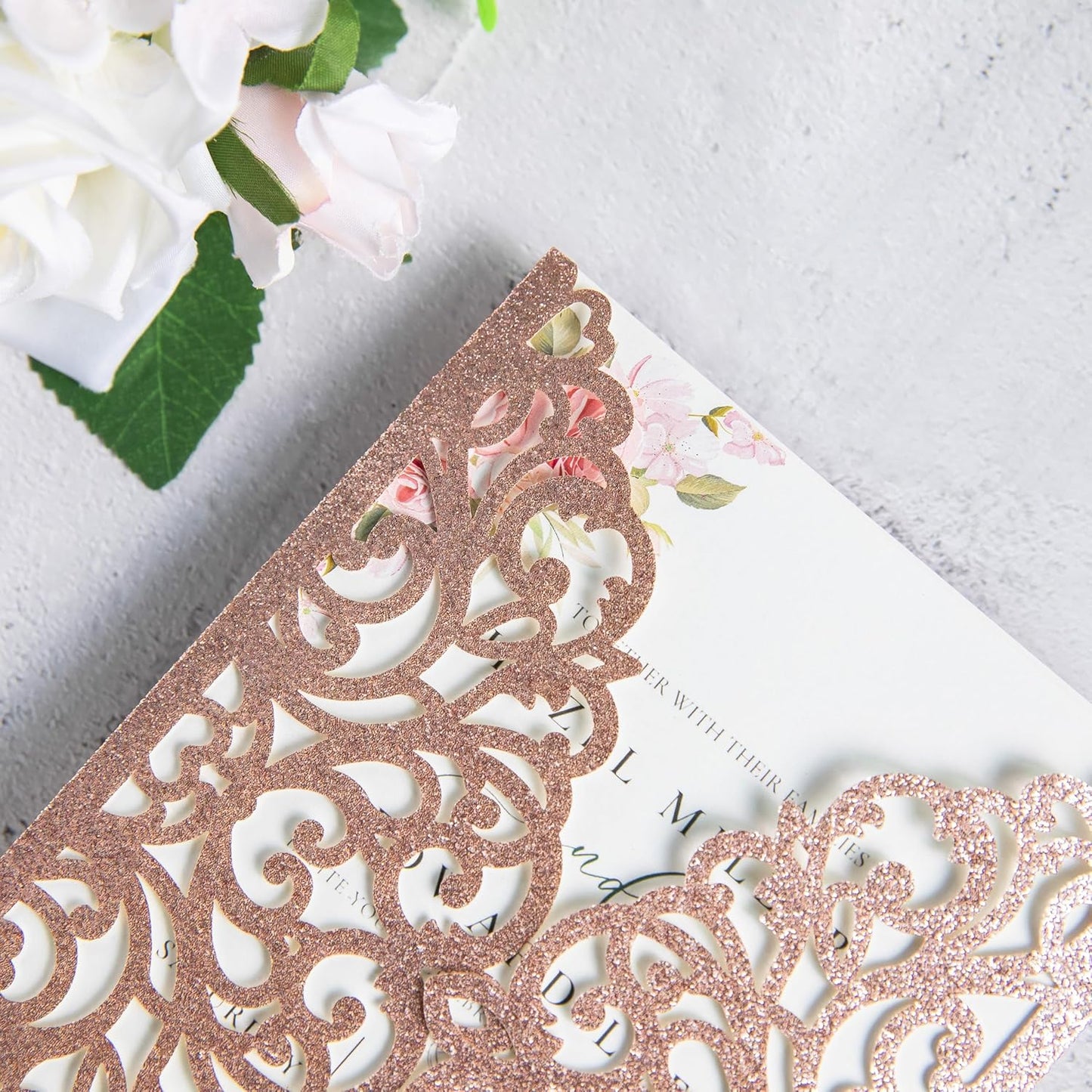 20Pcs Rose Gold Glitter Laser Cut Invitation Cards With Blank Inner Sheets for Wedding Cards Bridal Shower Engagement Quinceanera Invitation (No Envelopes)