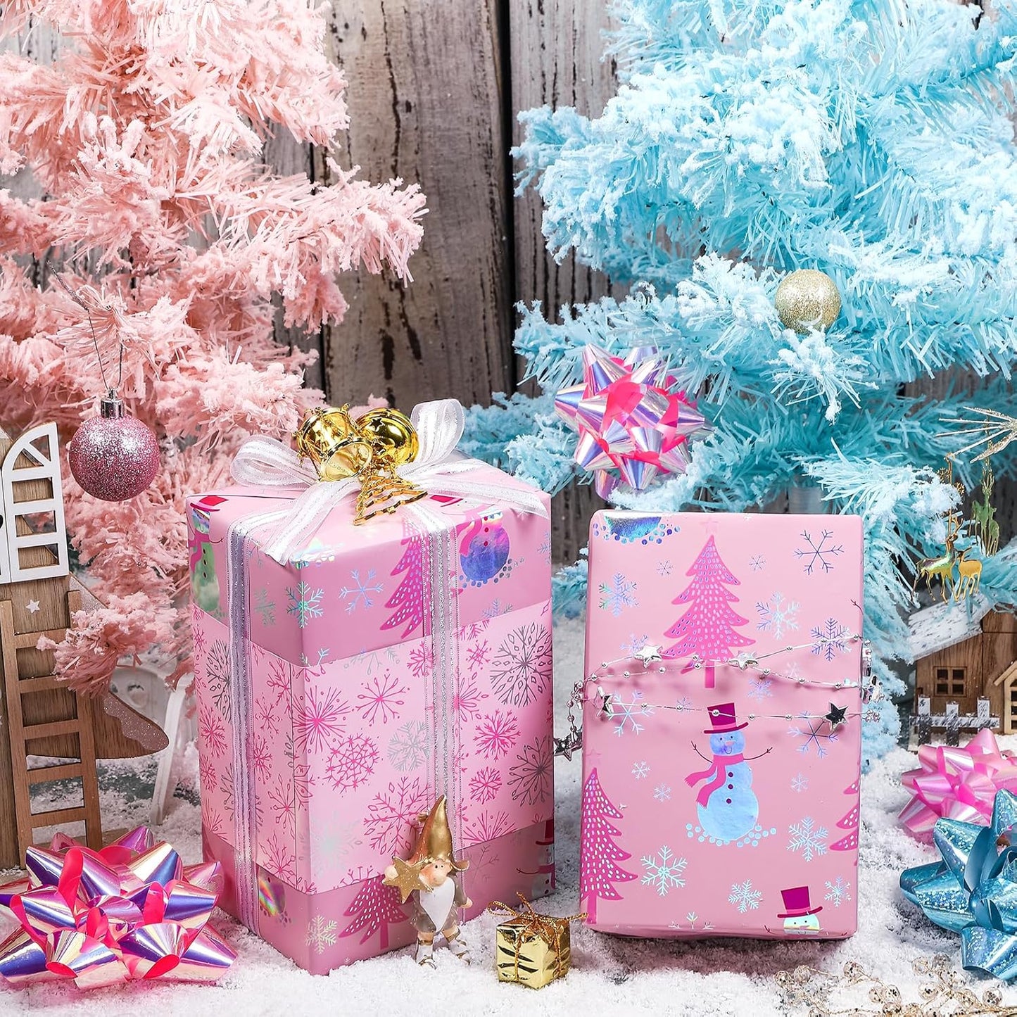LeZakaa Christmas Pink Wrapping Paper Mini Roll, Snowman Christmas Tree & Snowflake Metallic Foil, Rose Gold Foil Reversible Design for Festive Winter Holiday, Family Gathering, 17 inches x 32.8 Feet