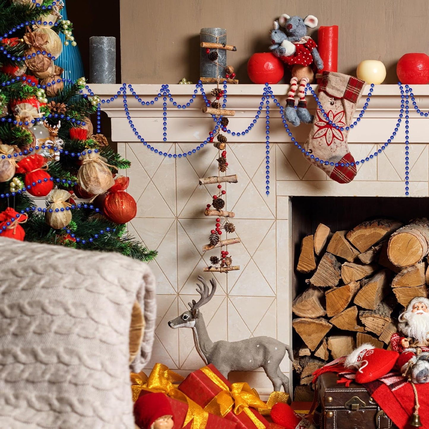 100 FT Christmas Tree Beads, Christmas Tree Garland Decoration, Plastic Hanging Beads Garland Chain Roll for Home Mantle Fireplace Wreath Decor Indoor Outdoor Xmas Tree DIY Supplies