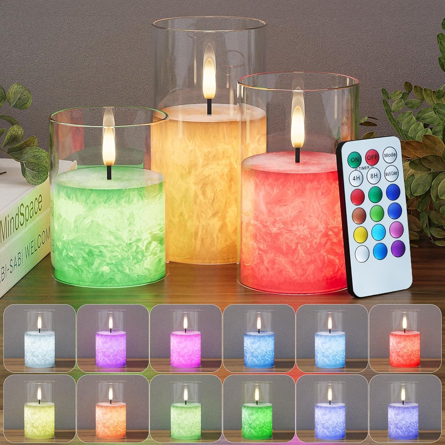 12Colors Ice Crystal Real Wax Glass Flameless Candles with Remote & Timer, Battery Operated Candles with Warm Flickering Flame, Realistic LED Candle for Wedding Home Decor [D3×H4/5"/6"] 3Pack
