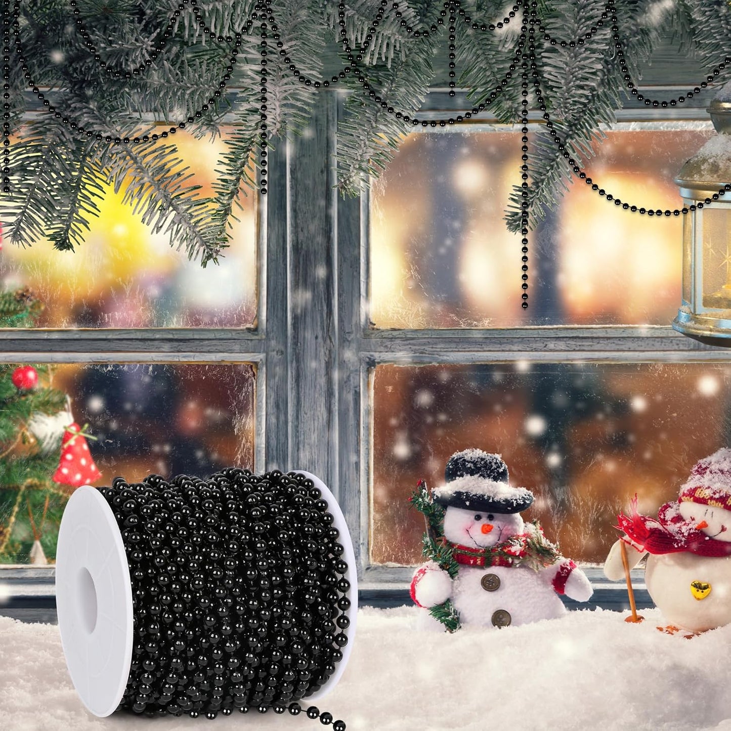 100 Feet Garland for Christmas Tree, Black Christmas Beads Decorations, Xmas Tree Decorations Artificial Pearl Garland Chain for Home Fireplace Curtains Decor Xmas Party Decor
