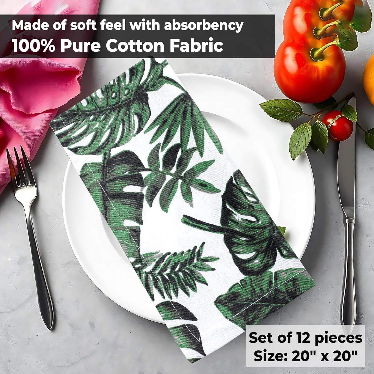 Urban Villa Cloth Napkins Tropical Print 100% Cotton Absorbent Dinner Napkins (Set of 12) Oversized 20x20 Inches Soft Durable Reusable Washable Ideal for Everyday Use Wedding Parties Premium Quality