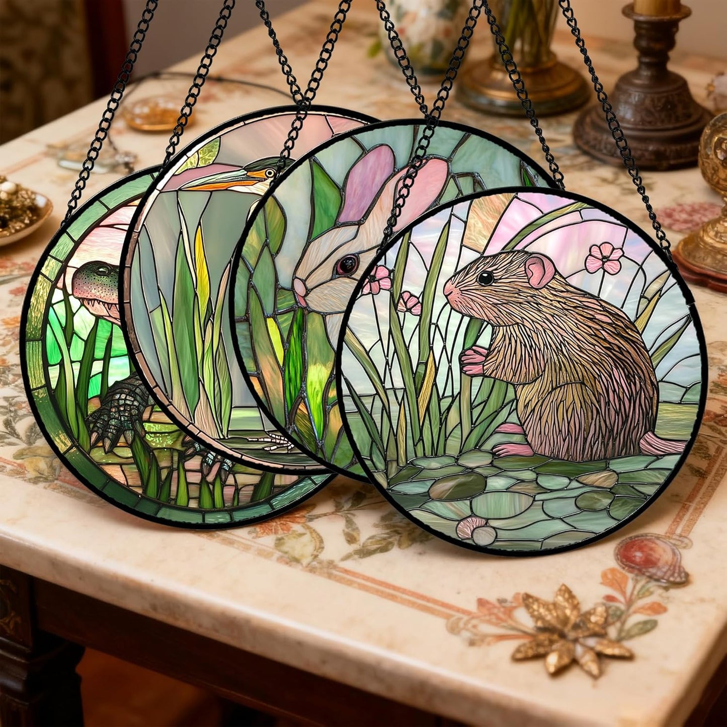 Stained Glass Window Hanging 4 Pcs Set Cute Animal Large 15"- Green Plant Pink Suncatcher Door Garden Sun Catcher Decor Birthday Christmas for Mom Woman Nana Men Friend