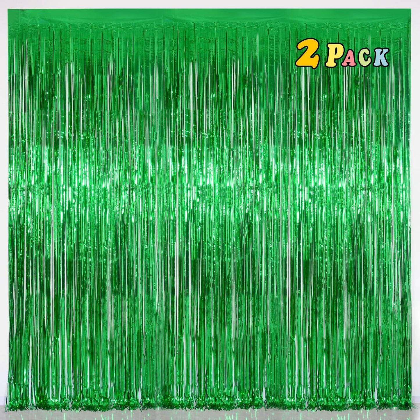 Melsan St Patricks Day Decorations, Tinsel Foil Fringe Curtains for St Patricks Day Decorations, Green Tinsel Fringe Curtain for Christmas, Birthday Jungle Theme Party Decor, Pack of 2