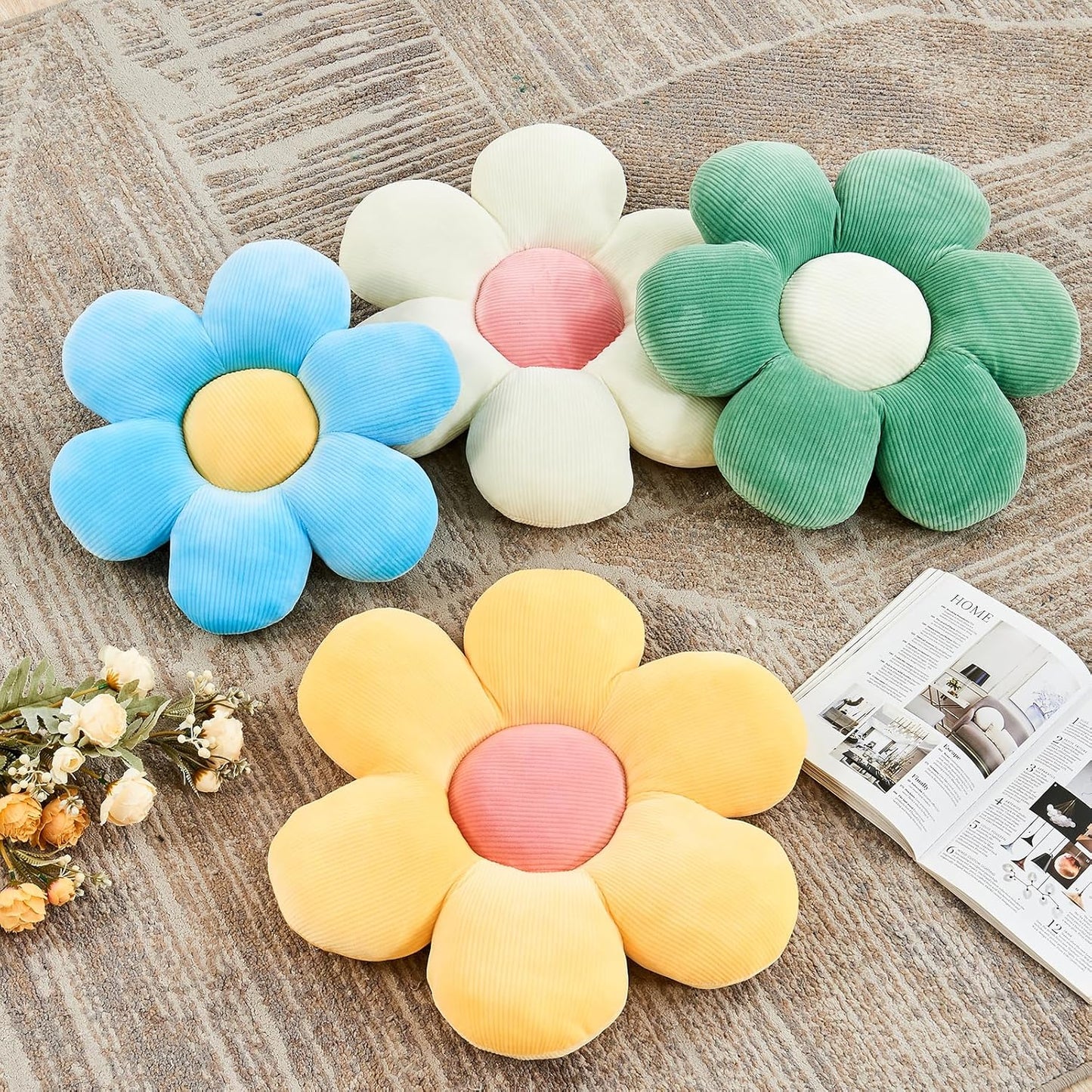 Yellow Flower Pillow, 19.6" Cute Flower Shaped Floor Pillow, Aesthetic Floral Plush Daisy Decorative Throw Pillows for Bed Sofa Couch