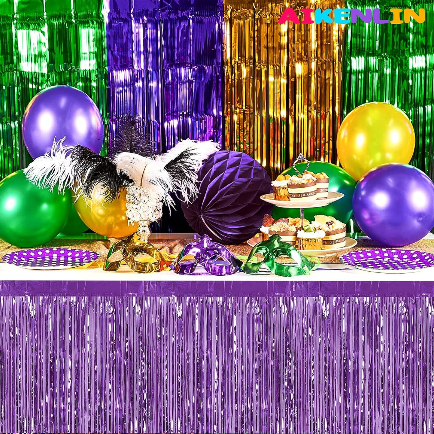 6 Pack 29x108 Inch Metallic Foil Fringe Tinsel Table Skirts Banner for Rectangle Tables Streamer Garland Backdrop for Wedding, Birthday, Parade Floats, Christmas Party Decoration(Light Purple)