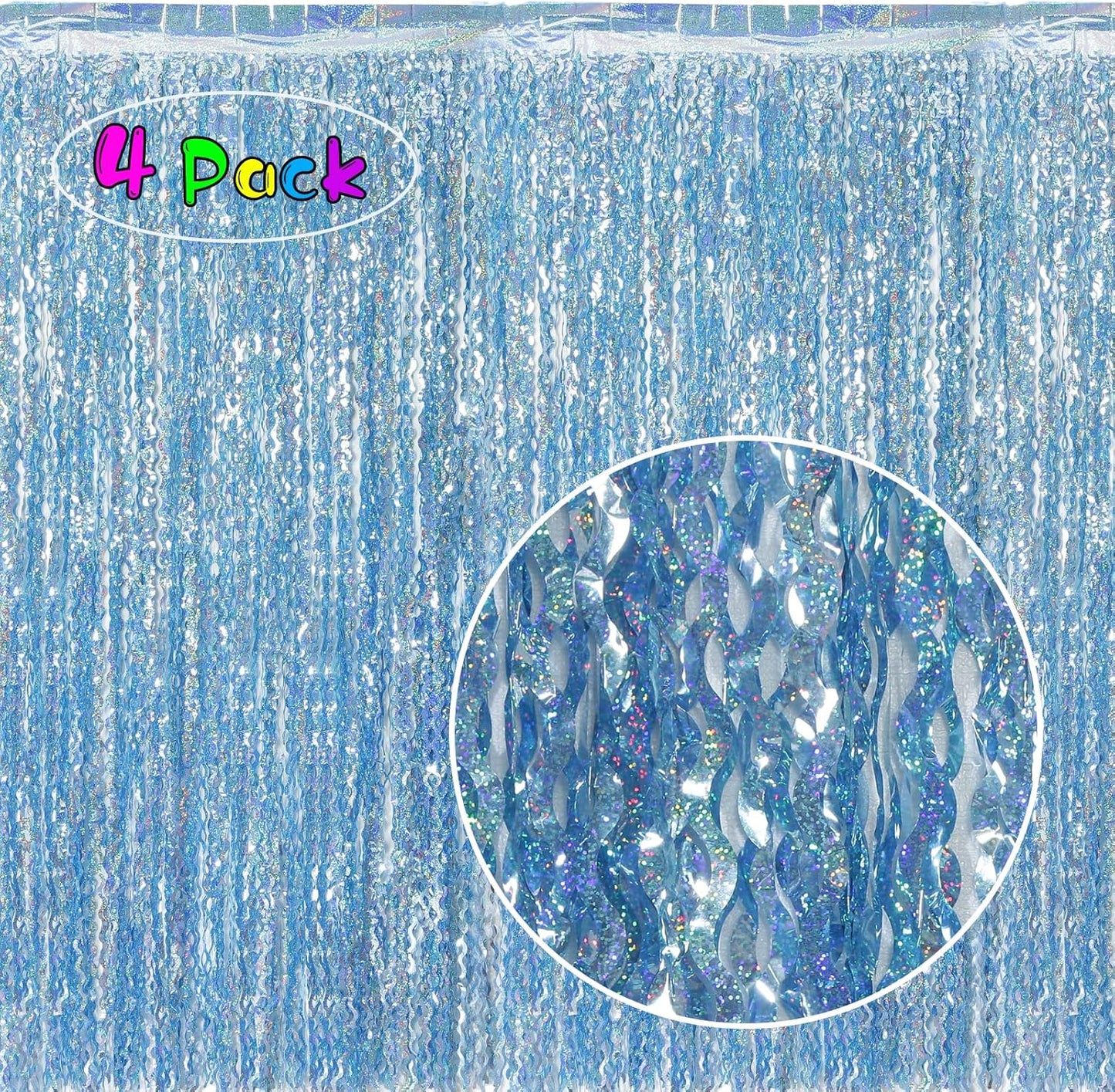 4 Pack Wavy Blue Tinsel Backdrop Streamers Party Decorations 3.3x6.6 Feet | Foil Fringe Curtain Ocean Themed | Blue Birthday Decorations