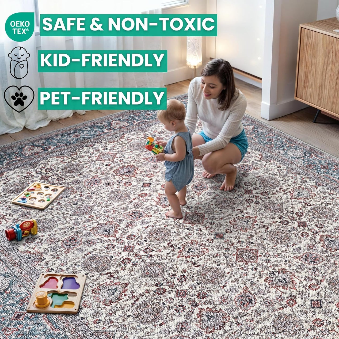 Bloom Rugs Washable Non-Slip 7 ft Runner - Teal/Blue/Beige Traditional Oriental Runner for Entryway, Hallway, Bathroom, and Kitchen - Exact Size: 2.5' x 7'