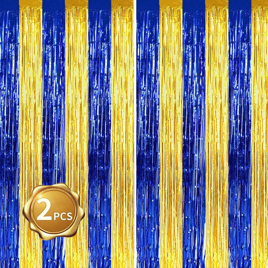 BEISHIDA 2Pcs Blue Gold Door Streamers Congrats Grade 2025 Decoration Backdrop Foil Fringe Tinsel Party Streamers Curtains Backdrops for Birthday 2025 Graduation Baby Shower(3.28 ft x 6.56 ft)