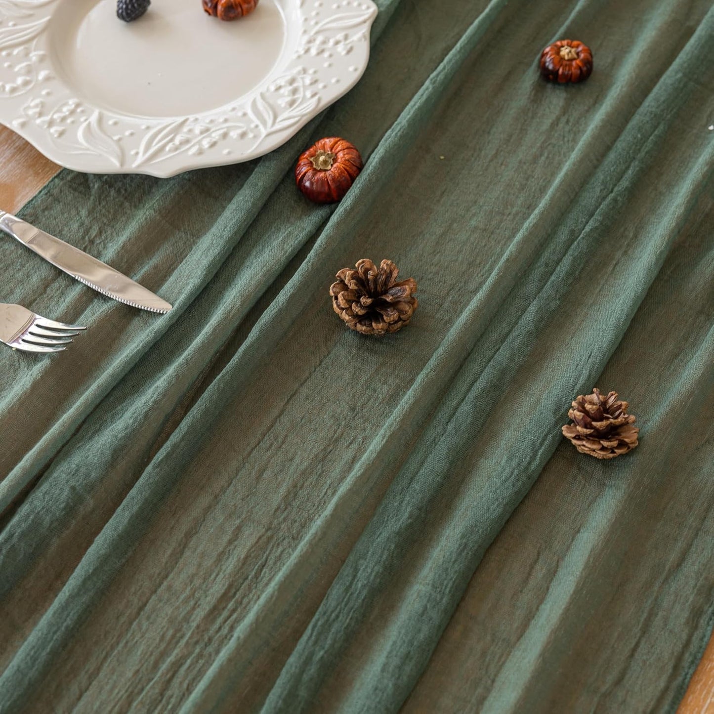 6Pcs Forest Green Gauze Rustic Cheesecloth Table Runner 120 Inch 10 FT for Wedding Baby Shower Bridal Shower Birthday Engagement Garden Outdoor Party Long Sheer Boho Decorations