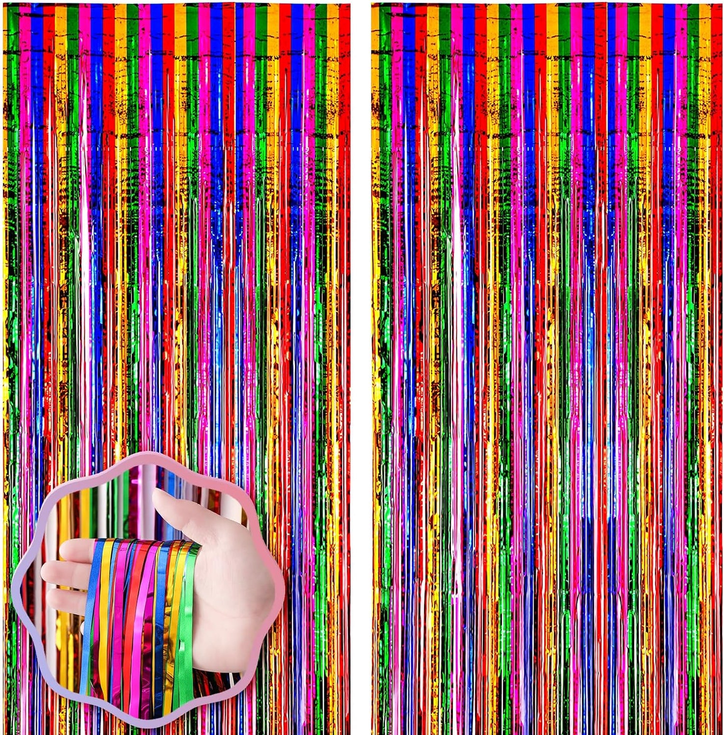 2 Pack 3.3x8.2 Feet Rainbow Foil Fringe Backdrop Curtains, Tinsel Streamers Birthday Party Decorations, Fringe Backdrop for Graduation, Baby Shower, Gender Reveal, Disco Party