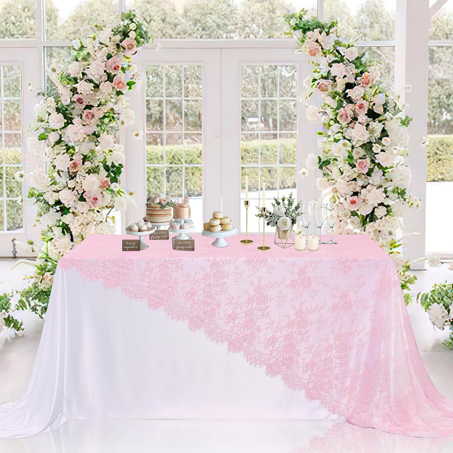 LuoluoHouse Pink Lace Tablecloth Table Fabric 6pcs 60x120 Inch for Vintage Boho Wedding Baby Shower Party Decoration Rectangle Overlay Long Vintage Embroidered Reception Table Cloth Decor
