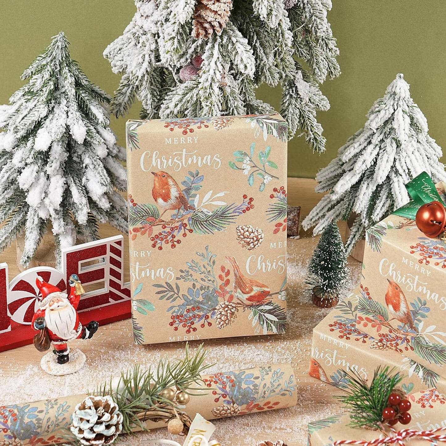 RUSPEPA Kraft Christmas Wrapping Paper Roll, Mini Roll, Vintage Bird on Pine Branch Design with Merry Christmas, Natural Scene Gift Wrap for Women, Friends, Family, Xmas Gifts, 17 Inches x 16.4 Feet