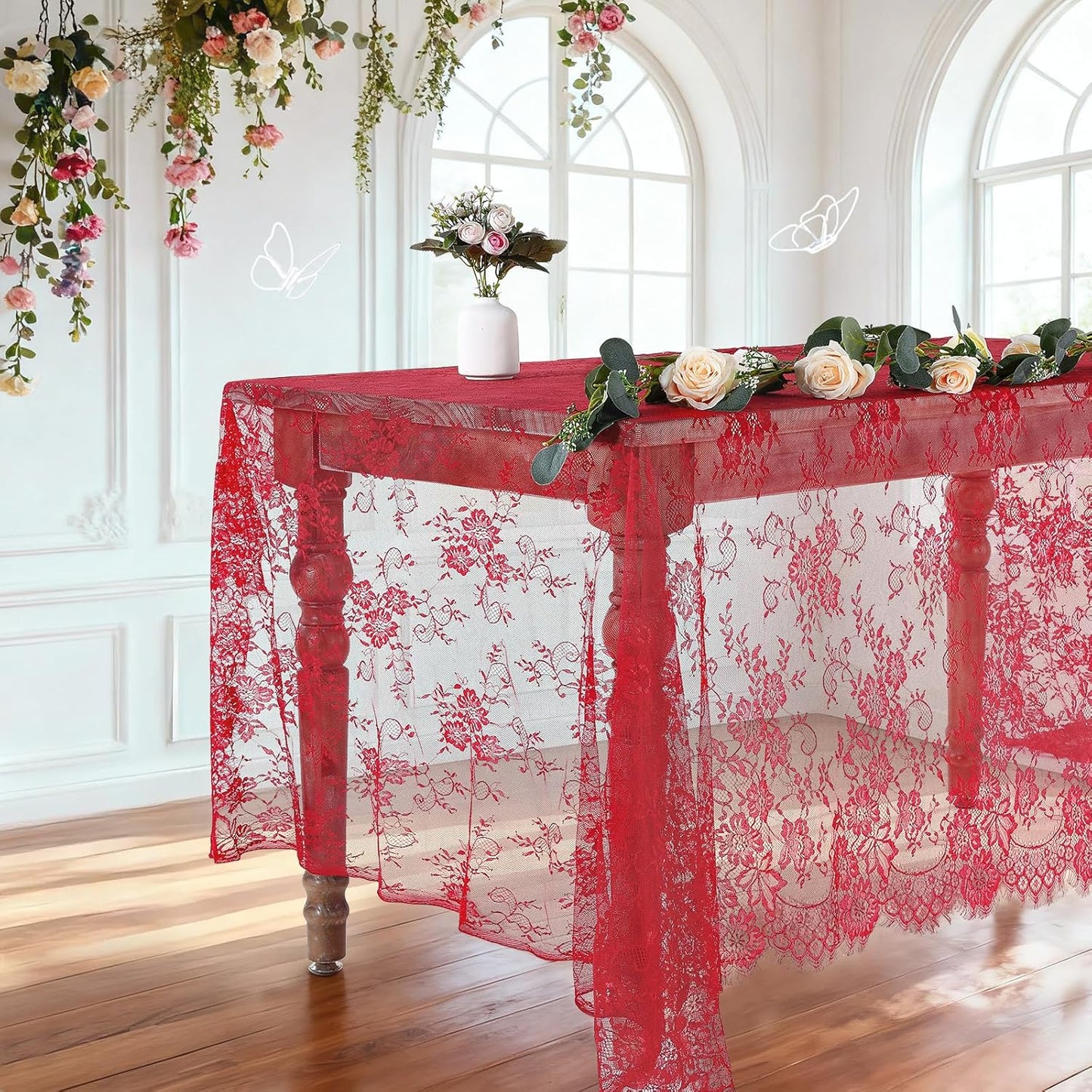 LuoluoHouse Red Tablecloth Christmas Lace Table Fabric 2pcs 60x120 Inch for Birthday Rustic Wedding Bridal Shower Party Decoration Rectangle Overlay Vintage Embroidered Reception Table Cloth Decor