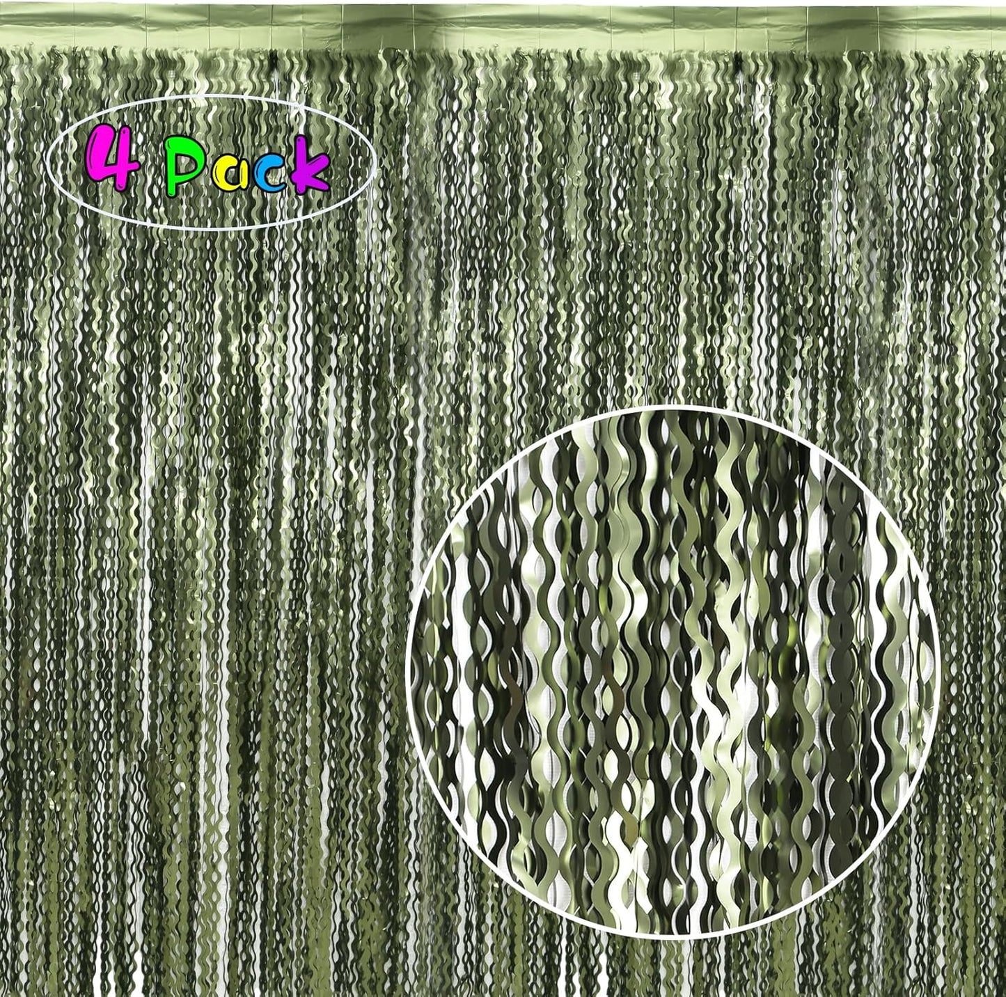 4 Pack Wavy Olive Green Streamers Backdrop Jungle Party Decorations - 3.3x6.6ft Foil Fringe Curtains Photo Booth for Dinosaur Animal St Patrick's Day Football Decor