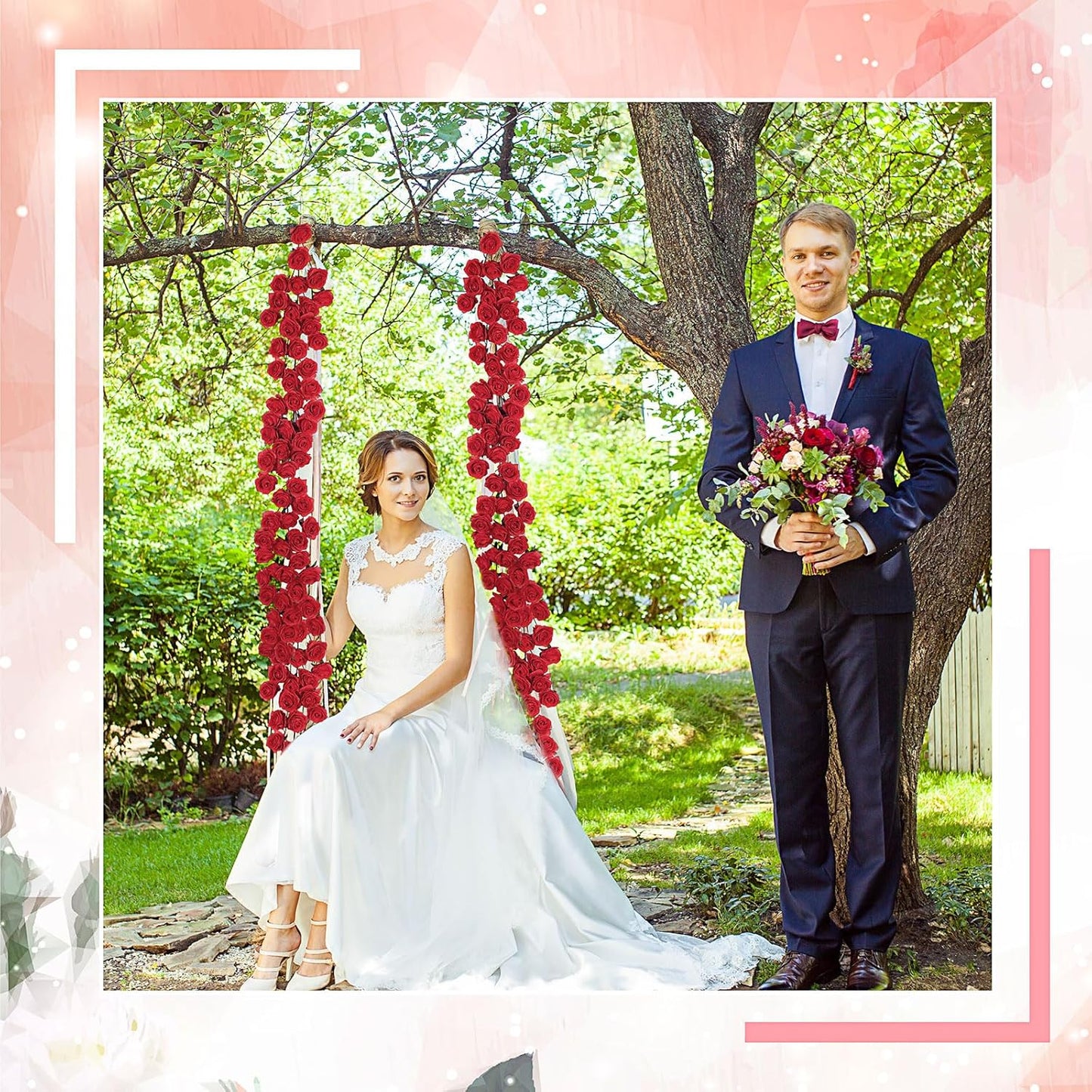 4 Pcs Red Artificial Rose Vine Hanging Faux Flowers Garland for Wedding Anniversary Birthday Party Background Arch Garden Home Wall Room Decor