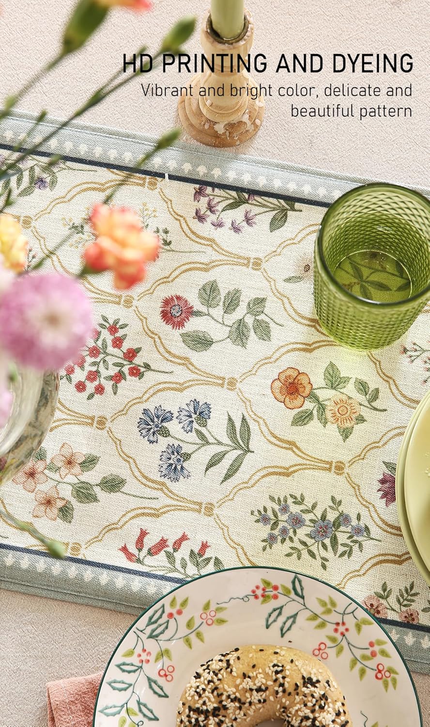 ISAENNE Designer Vintage Elegant Linen Table Runner 87 Inches Long,Colorful Wildflower Pattern Runner,Decor Table Runners for Dining Tables,Thanksgiving,Christmas,Banquet,12"*87"-Serenity B