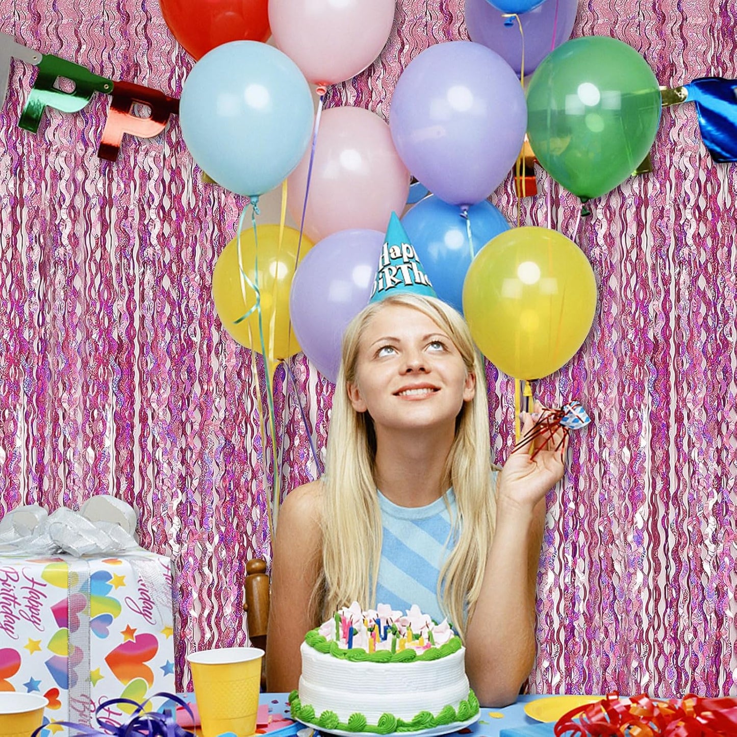Pink Streamers Fringe Backdrop Tinsel Foil Fringe Curtains Wavy Backdrop for Parties Sparkle Metallic Wavy Foil Fringe Backdrop Curtain Photo Booth Props for Birthday Wedding