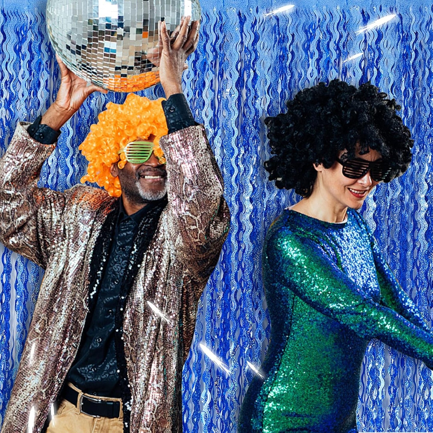 Blue Tinsel Foil Fringe Curtains Wavy Backdrop for Parties Sparkle Metallic Wavy Foil Fringe Backdrop Curtain for Party Decorations Photo Booth Props Birthday Graduation Wedding