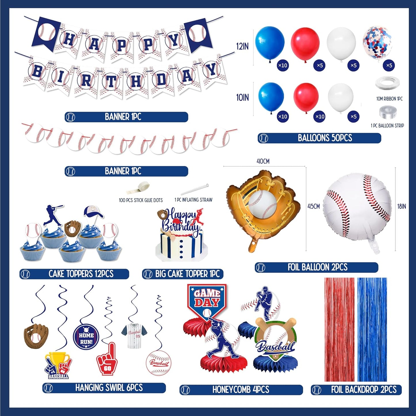 Baseball Party Decorations, Baseball Birthday Party Supplies Kit, Include Sport Themed Birthday banner, Foil Fringe,Hanging Swirls, Baseball Balloons, Cake&Cupcake Toppers