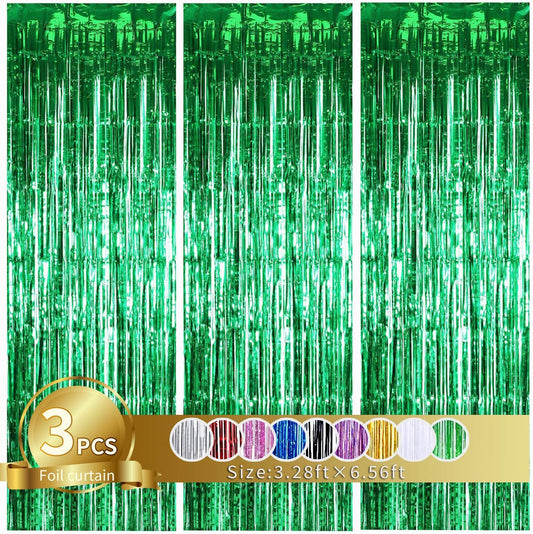 TONIFUL 3Pcs Green Door Streamers,Green Photo Booth Backdrop,Metallic Streamers Green Foil Fringe Curtains for Birthday,Christmas,New Year,St. Patrick's Day Party Streamers Decor(9.9ft x 6.6ft)