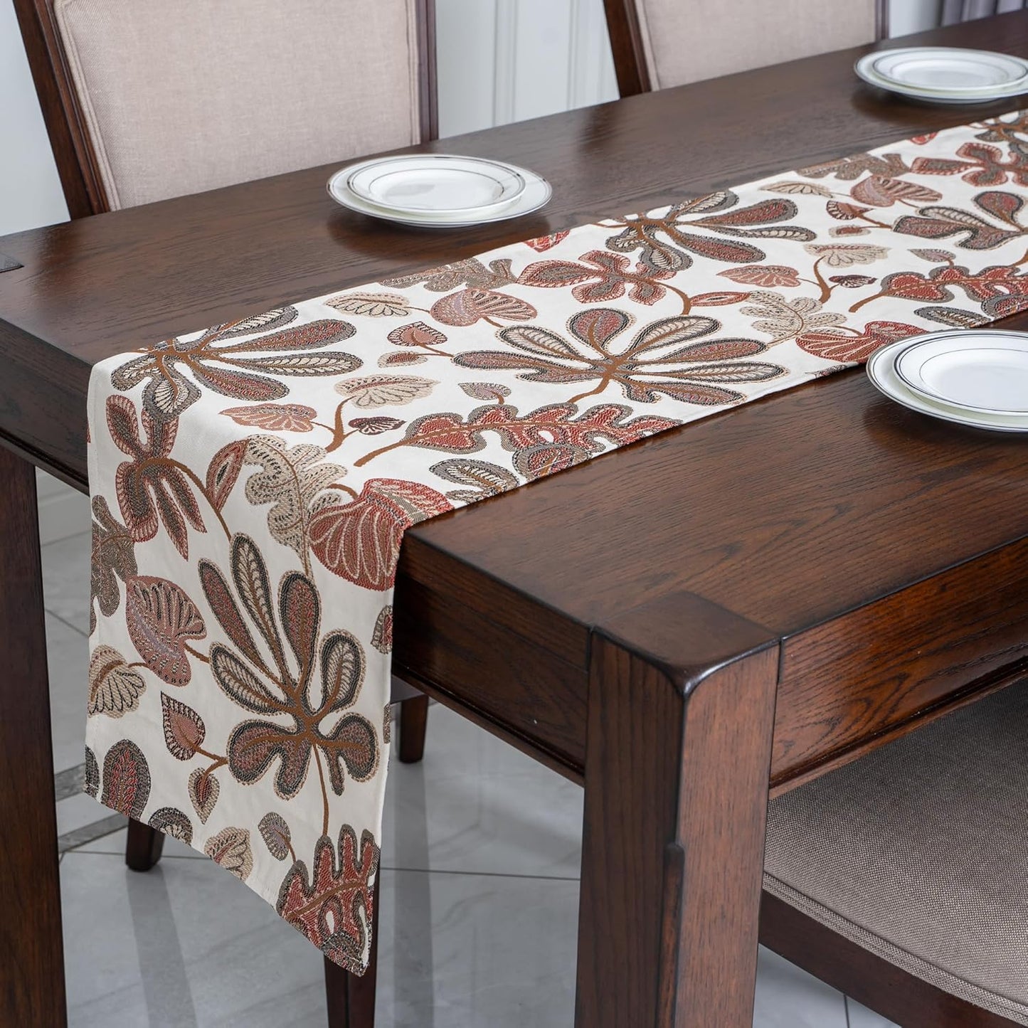 Mika Home Tropical Leaf Table Runner for Home Decor 13X72 Inches Coral Brown Seasonal Dining Table Decoration for Home