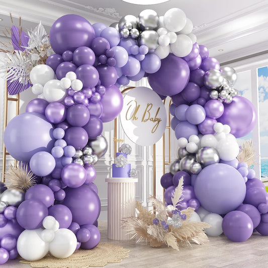 412Pcs Purple Balloon Garland Arch Kit,18 12 10 5 Inch Different Size Lavender Latex Metallic Silver Balloons for Butterfly Birthday Girls Women Wedding Birthday Baby Shower Party Decorations