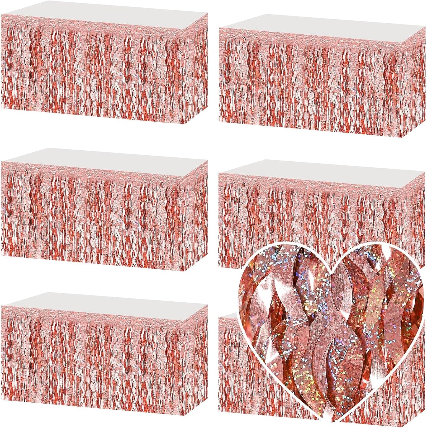 6 Pack 29x108 Inch Rose Gold Wave Foil Fringe Table Skirts Metallic Banner for Tinsel Streamer Garland Backdrop for Parade Floats Mother's, Graduate, Mardi Gras, Birthday, Wedding Party Decorations