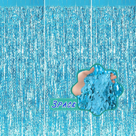 3 Pack Blue Wavy Tinsel Foil Fringe Curtain - 6.6 ft x 3.3 ft Foil Backdrop Photo Booth Props for Mermaid Birthday Under The Sea Party,Baby Shark Birthday Decorations