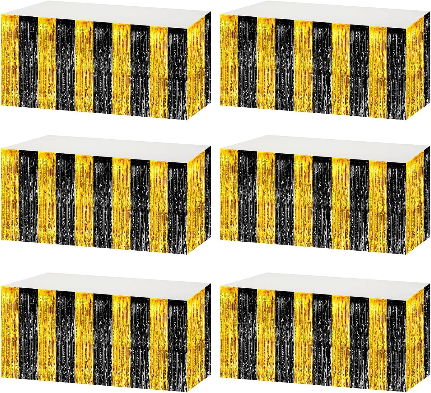 6 Pack 29x108 Inch Black Gold Metallic Foil Fringe Tinsel Table Skirts for Rectangle Tables Streamer Curtains Backdrop for Wedding, Parade Floats, Valentine's Day Birthday Graduation Party Decoration