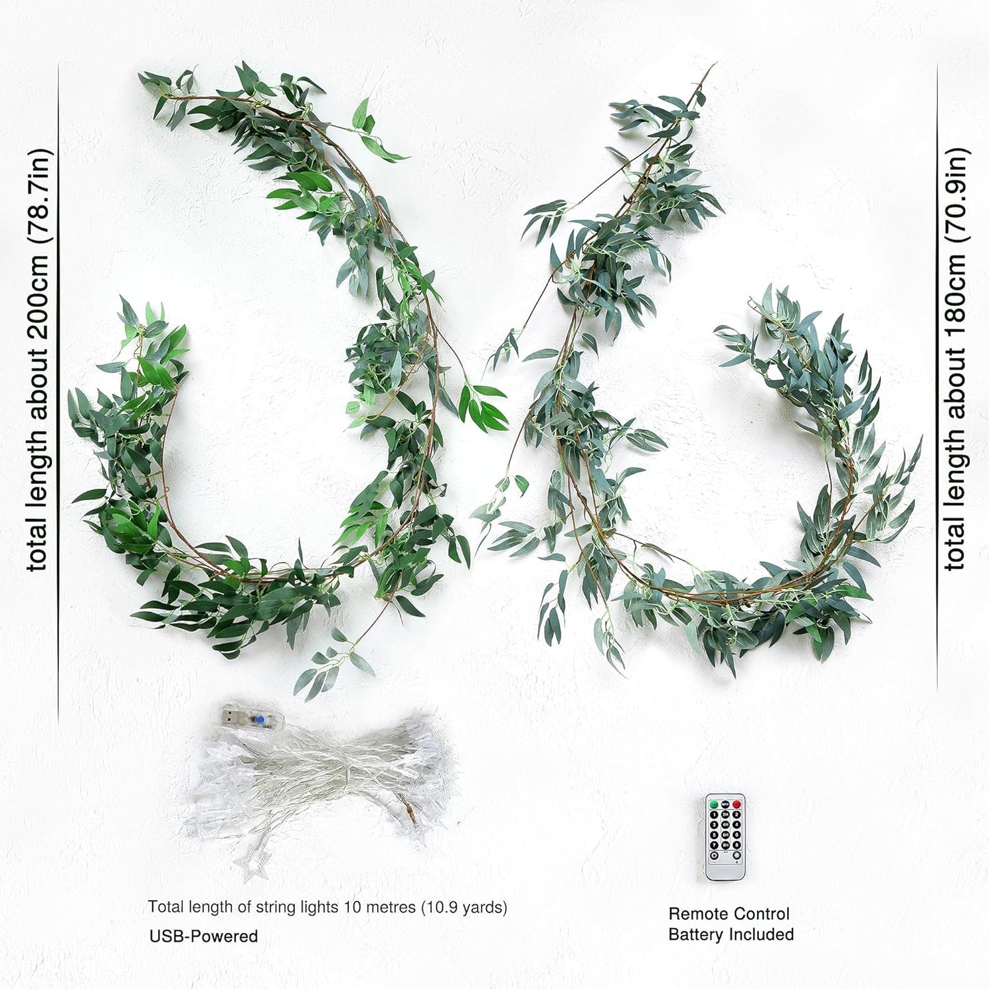 Enchanting Decor: Pair of Flexible Rustic Willow Garlands Adorned with 33 Feet Starry String Lights (USB Operated) by FiveSeasonStuff Floral