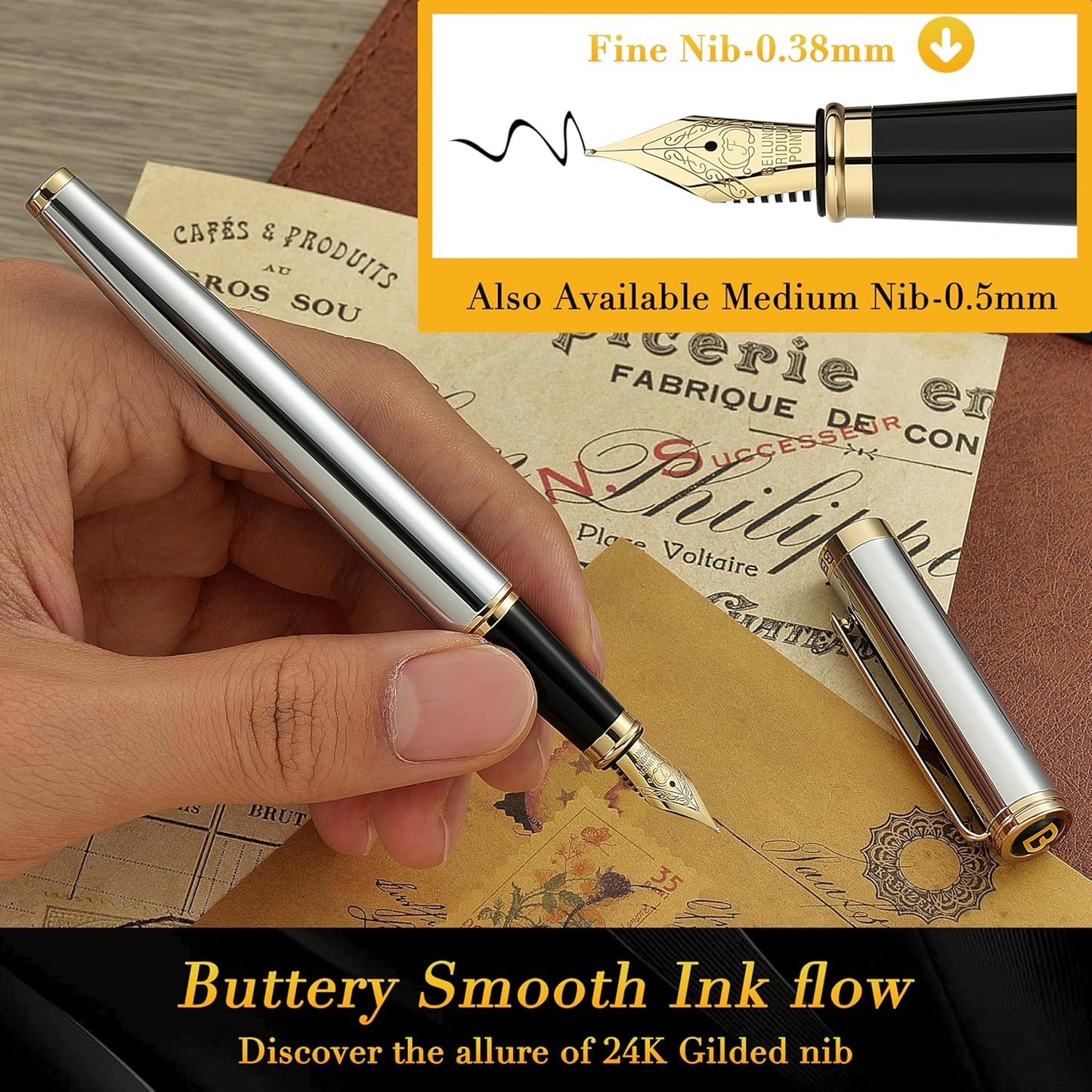 BEILUNER Silver Chrome Fountain Pen,Stunning Luxury with 24K Gold Accents, Gorgeous 24K Gilded Nib(Fine), Trustworthy Pen Gift for Men&Women -Ink Converter-Elegant, Graduation,Nice Pen for Writing