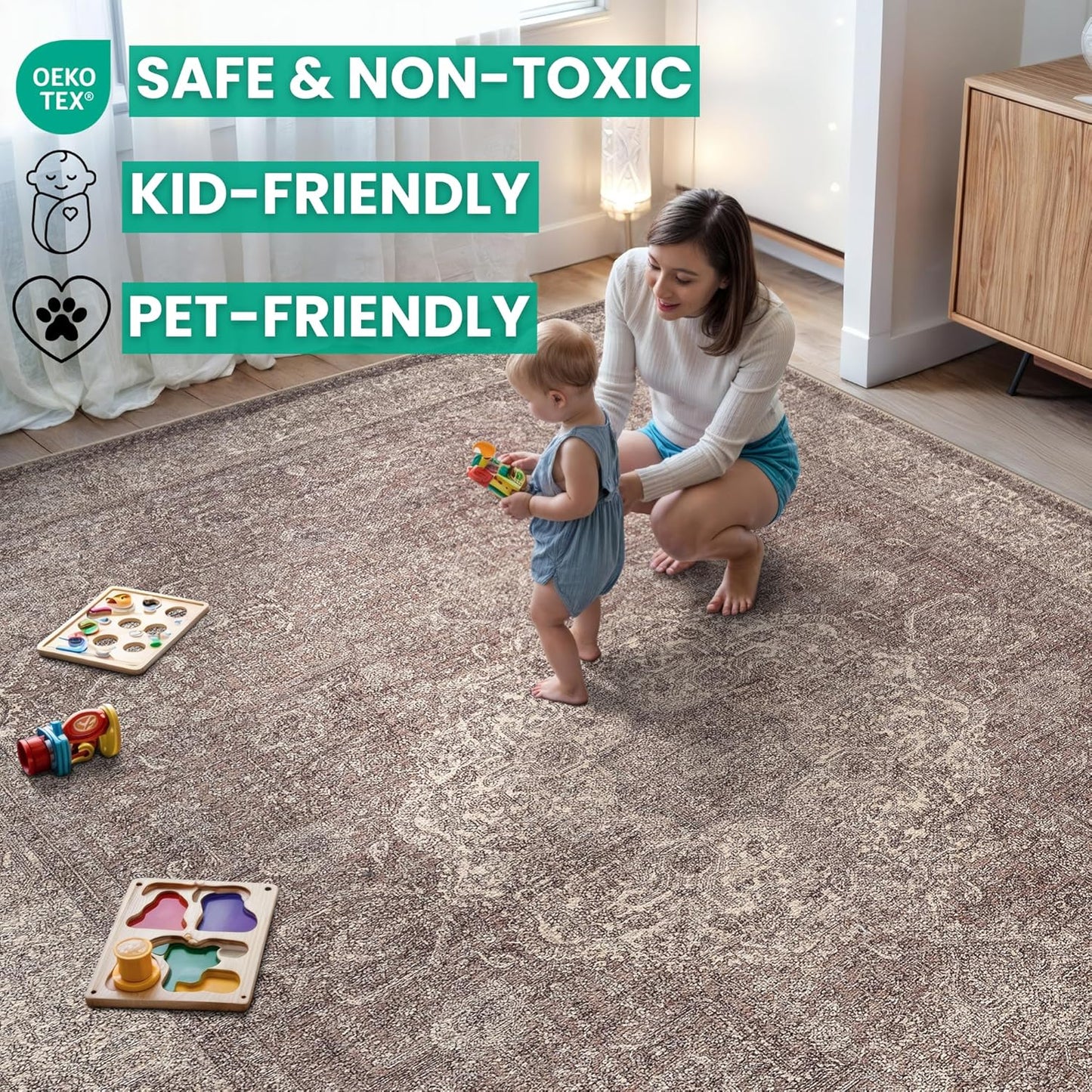 Bloom Rugs Washable Non-Slip 8' x 10' Rug - Taupe/Beige Traditional Medallion Area Rug for Living Room, Bedroom, Dining Room, and Kitchen - Exact Size: 8' x 10'