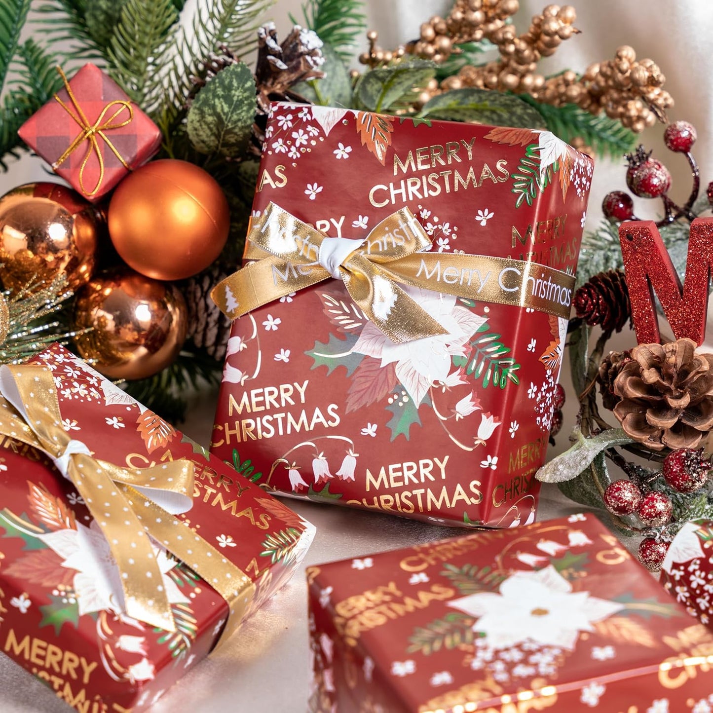 LeZakaa Christmas Wrapping Paper Roll - Red Flower & Merry Christmas Gold Foil Pattern for Holiday, Party - 17 inches x 32.8 Feet (46.45 sq.ft.)